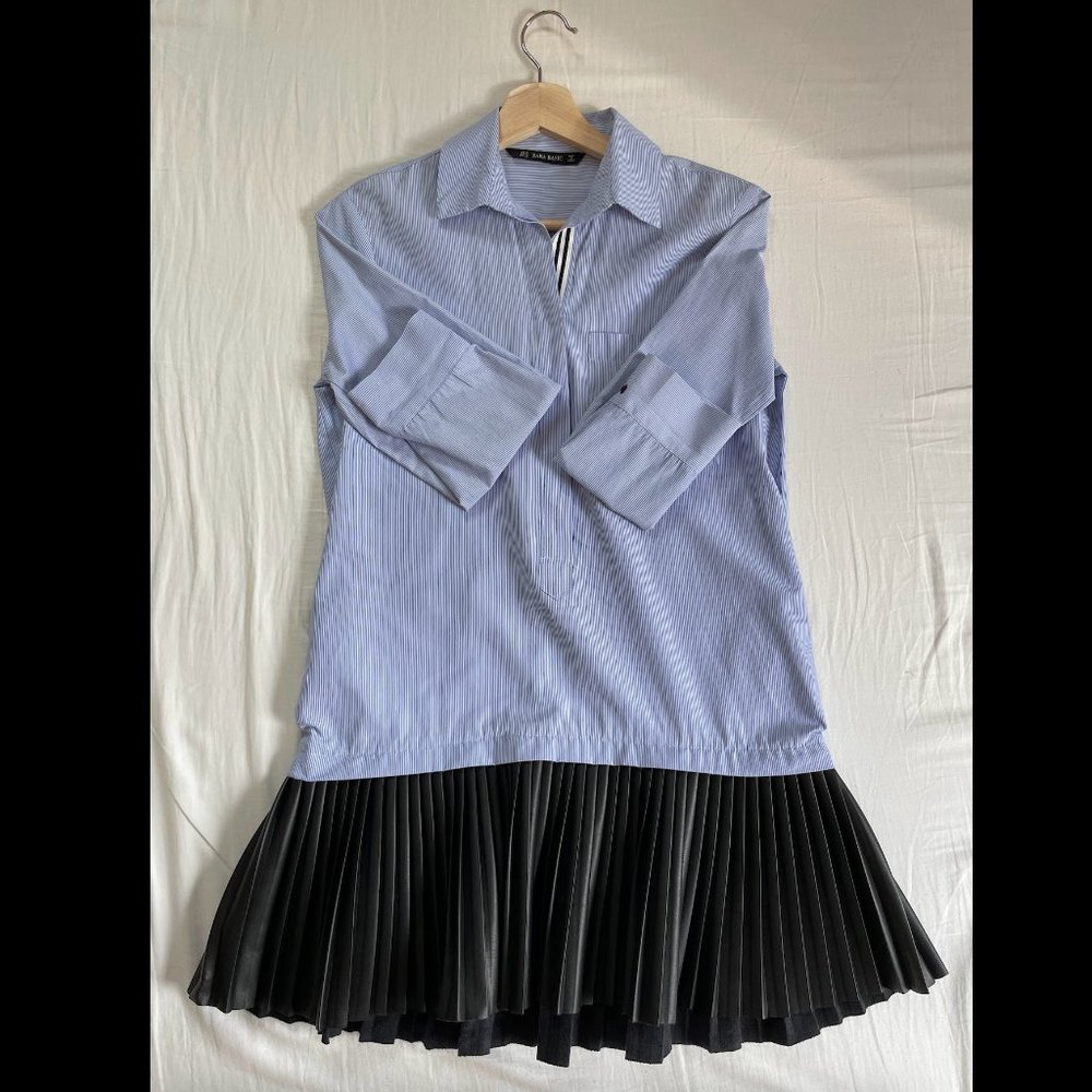 ZARA Striped Shirt Dress With Faux Leather Skirt